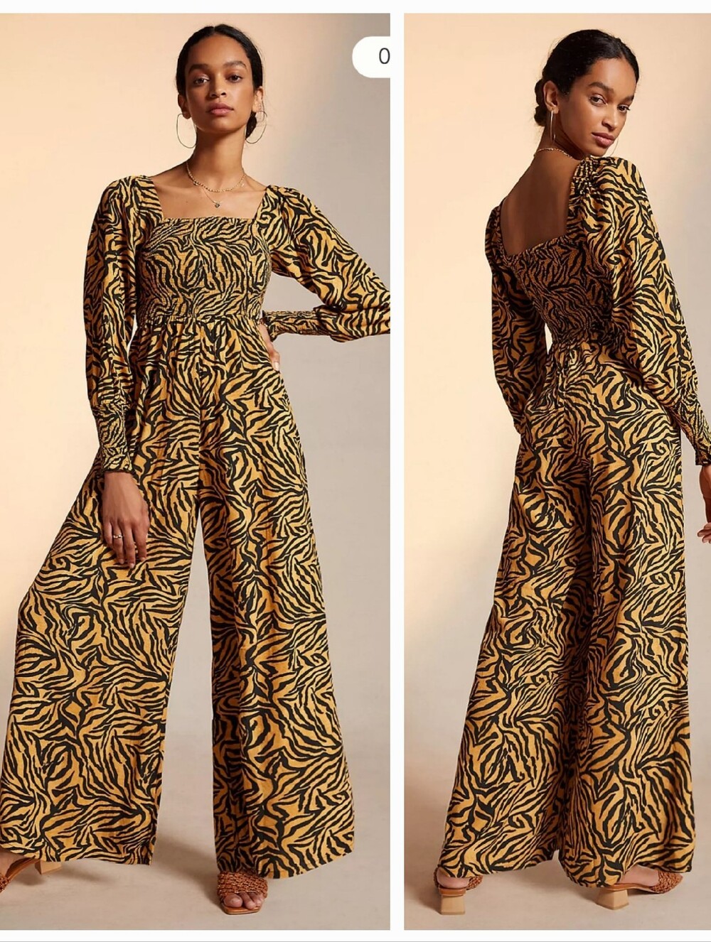 Anthropologie Kachel Tiger-Striped Jumpsuit Square Neck in Mustard Size 4